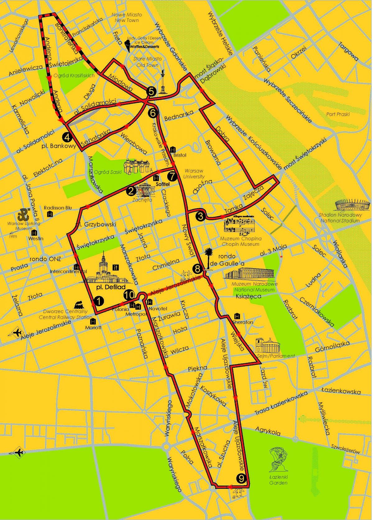 Քարտեզ Վարշավայի ավտոբուսային տուր 